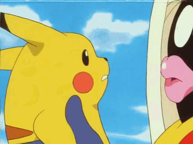 a pikachu is standing next to a cartoon character with a surprised look on his face