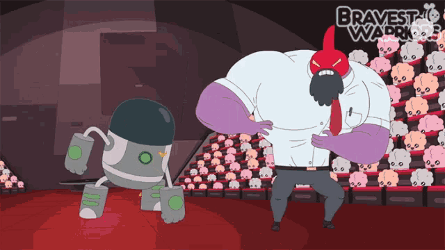 a cartoon of a robot and a man with the words bravest warriors on the bottom right