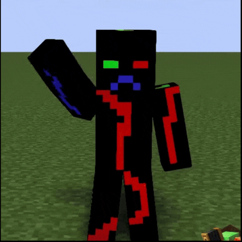 a minecraft character with a green eye and a blue mouth
