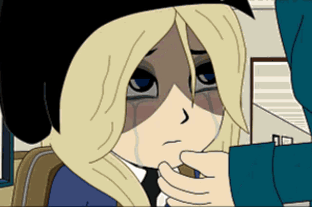 a cartoon of a girl with tears on her face being comforted by another person