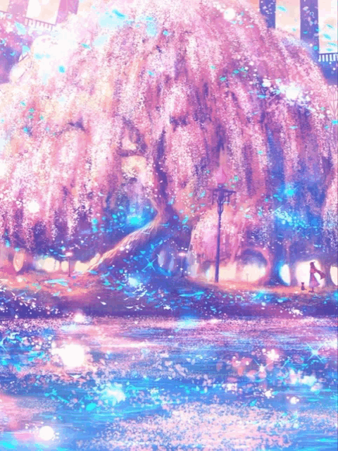 a painting of a couple walking in front of a cherry blossom tree overlooking a body of water