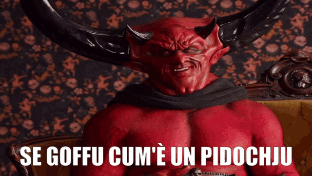 a devil with horns is sitting in a chair with the words se goffu cum ' e un pidochju below him