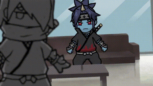 a cartoon drawing of a ninja standing next to a couch