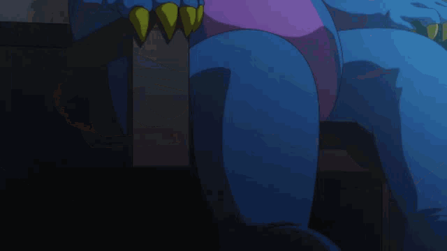 a blue and purple dinosaur with glowing eyes is sitting in a dark room