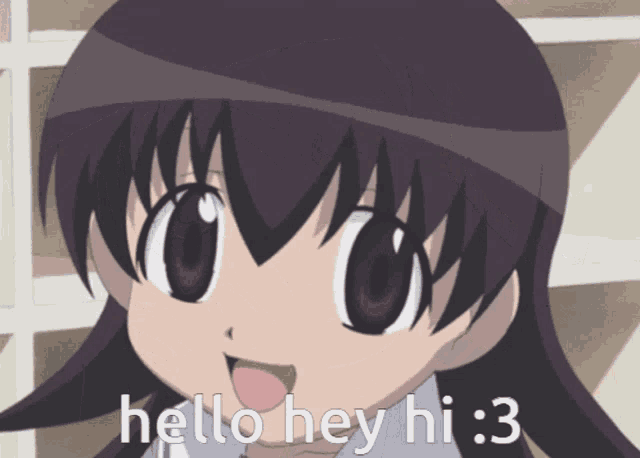 a cartoon girl is smiling and says hello hey hi :)