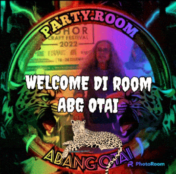 a poster that says party room with a picture of a man and a leopard