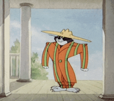 a cartoon cat is wearing a hat and an orange coat