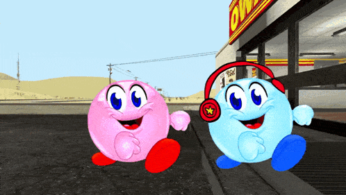 two cartoon characters wearing headphones are standing in front of a store that says ow