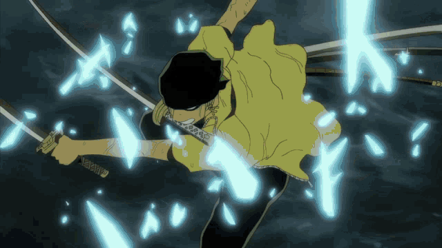 a drawing of a man holding a sword with a yellow shirt on