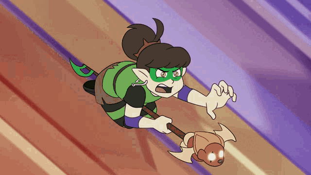 a cartoon of a girl in a green mask holding a sword