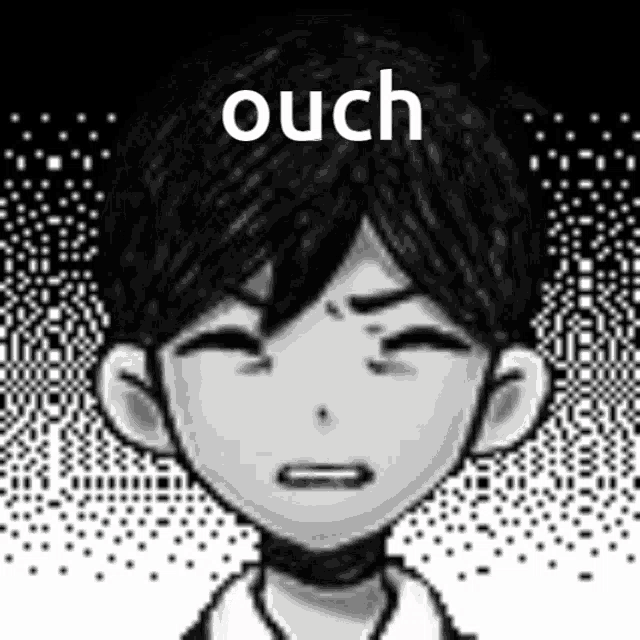 a black and white drawing of a boy with a choker on his neck and the word ouch on his head .