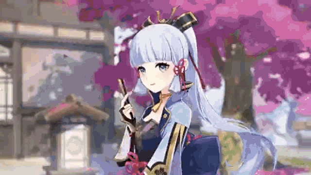 a girl with long blue hair is standing in front of a cherry blossom tree holding a sword .