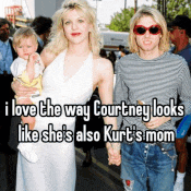 a woman holding a baby next to a man with the caption i love the way courtney looks like she 's also kurt
