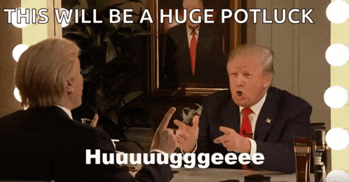 two men are sitting at a table and one of them says this will be a huge potluck