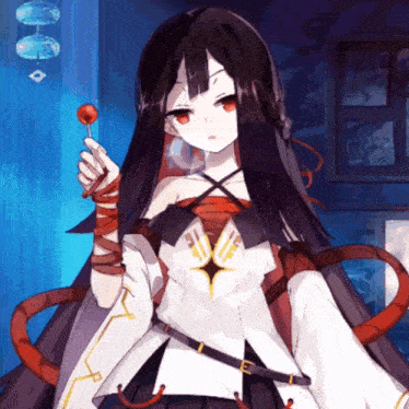 a girl with long black hair is holding a red lollipop in her hand