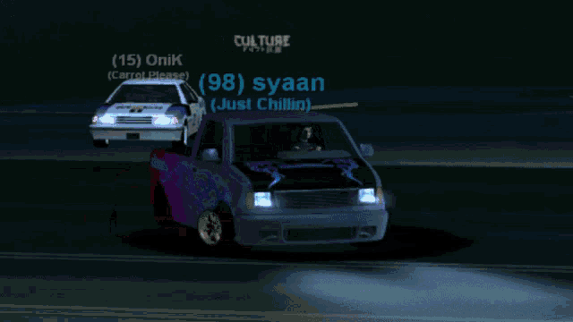 a purple and white truck with a watermelon sticker on the back is driving down the road