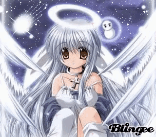a girl with white hair and angel wings is sitting down with a halo on her head and a snowman in the background .