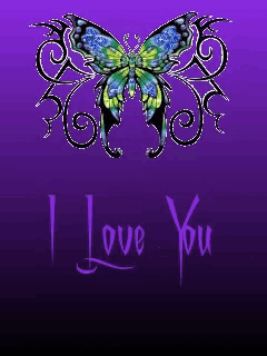 a blue and green butterfly on a purple background with the words i love you