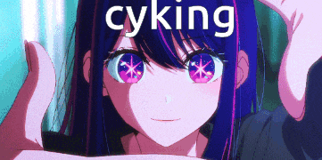 a picture of a girl with purple hair and pink eyes with the word cyking on it