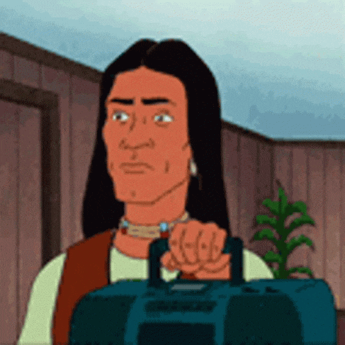 a cartoon man is holding a radio in his hand