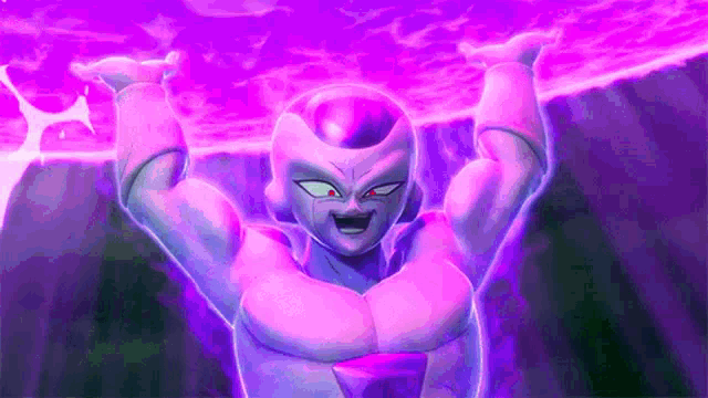 a purple and blue cartoon character with his arms outstretched in the air .