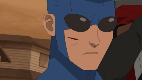 a cartoon character wearing sunglasses and a blue mask
