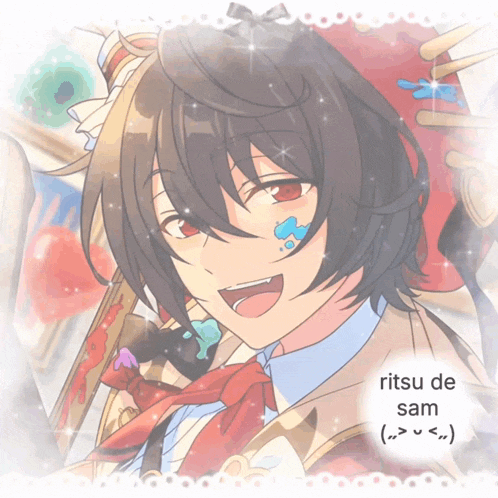 a drawing of a boy with the name ritsu de sam written below it
