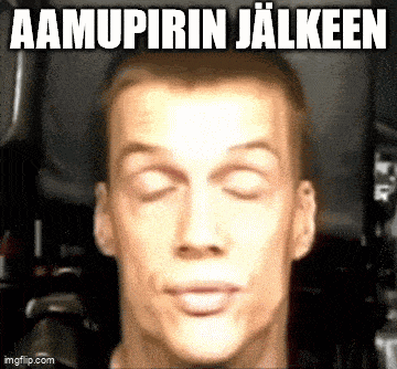 a close up of a man 's face with the words aamupirin jalkeen written above it