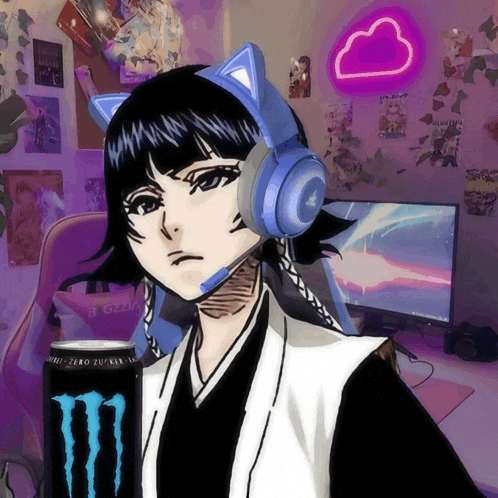 a girl wearing headphones stands next to a monster can