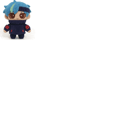 a stuffed toy with blue hair and red sleeves is on a white background
