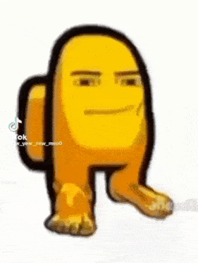 a yellow among us cartoon character is standing on its hind legs and making a funny face .