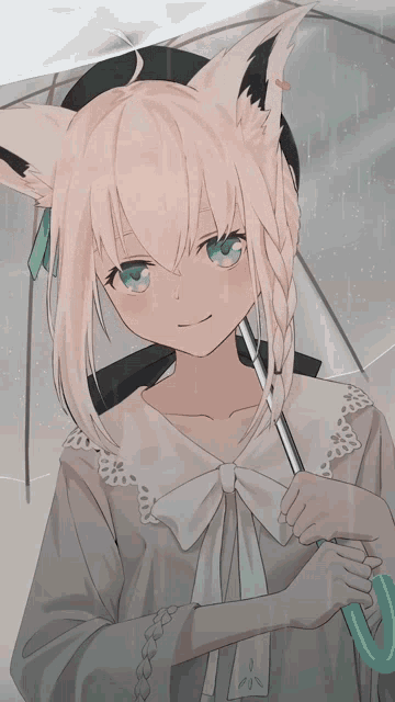 a girl with white hair and blue eyes holds an umbrella