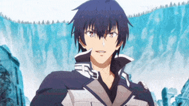 a man with blue hair and red eyes is standing in front of a blue wall .