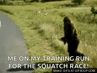 a bigfoot is running down a road in a field .
