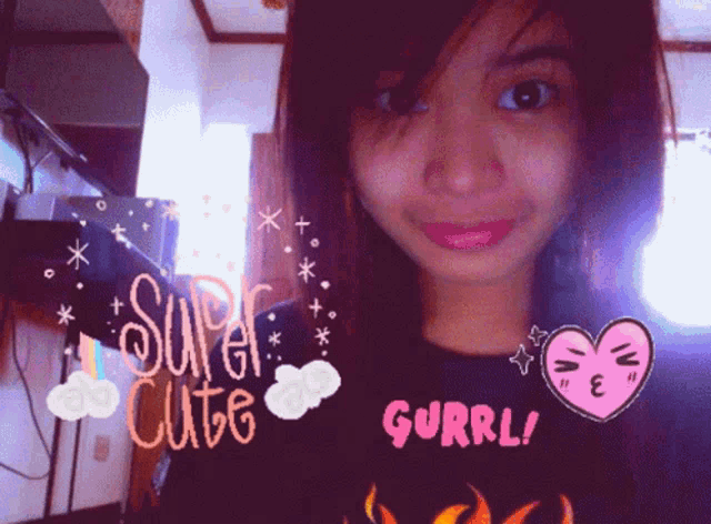 a girl is wearing a black shirt that says super cute gurrl