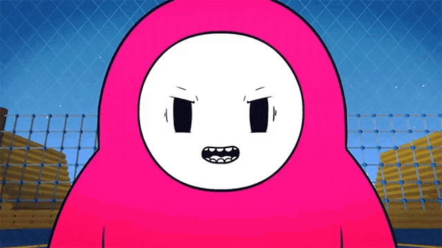 a cartoon character with a white face and pink body