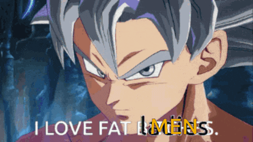 a cartoon character with the words " i love fat men " on the bottom
