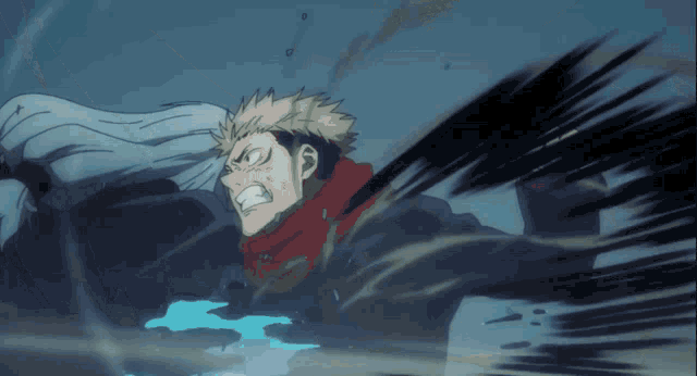 a man in a red scarf is fighting a monster in a cartoon