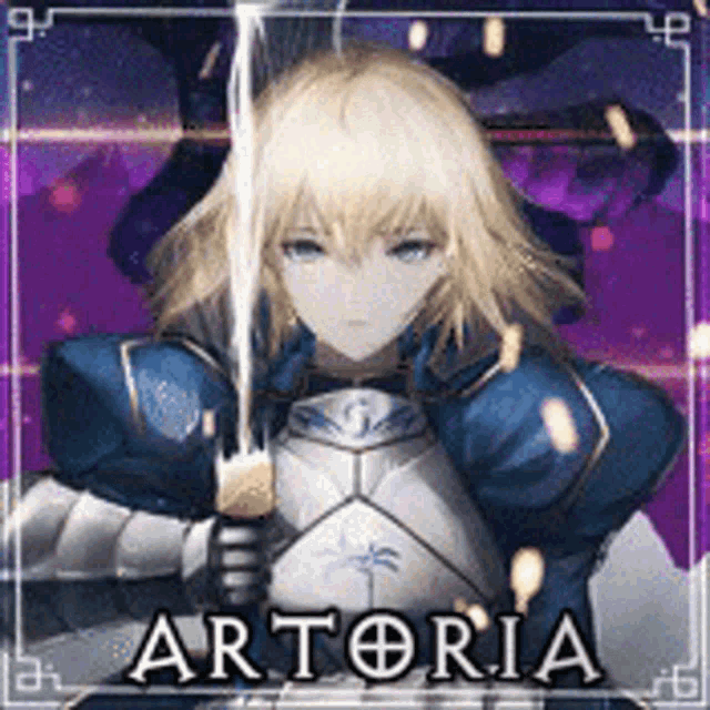 a blonde anime girl in armor is holding a sword in her hands .