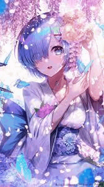 rem from re zero starting life in another world is wearing a kimono and holding flowers in her hair .