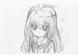 a black and white drawing of a woman 's head with long hair