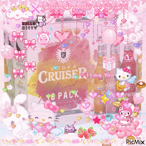 a box of vodka cruiser is surrounded by pink hearts
