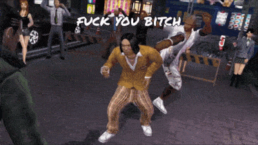 a man in a yellow jacket is dancing in a video game with the words " fuck you bitch " written above him