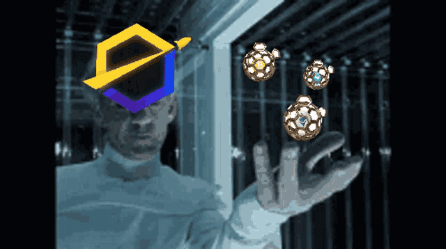 a pixelated image of a man holding a sphere with a yellow square on his head