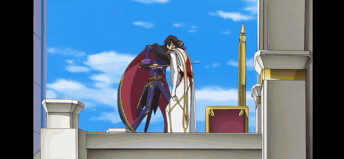 a couple of anime characters standing on a balcony with a blue sky in the background