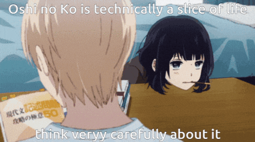 a man and a girl are looking at each other with the caption oshi no ko