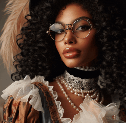 a woman wearing glasses and a pearl necklace looks at the camera