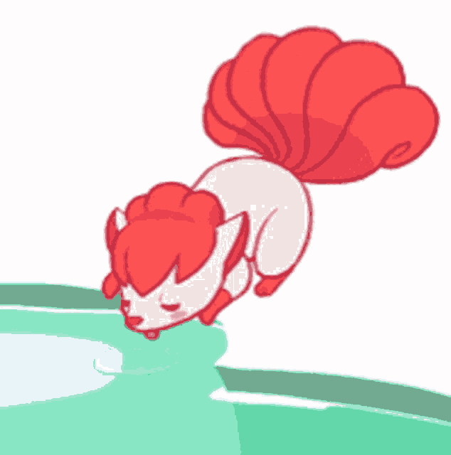 a cartoon drawing of a squirrel with a red tail drinking water