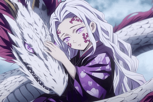 a girl with white hair and purple eyes holds a white dragon