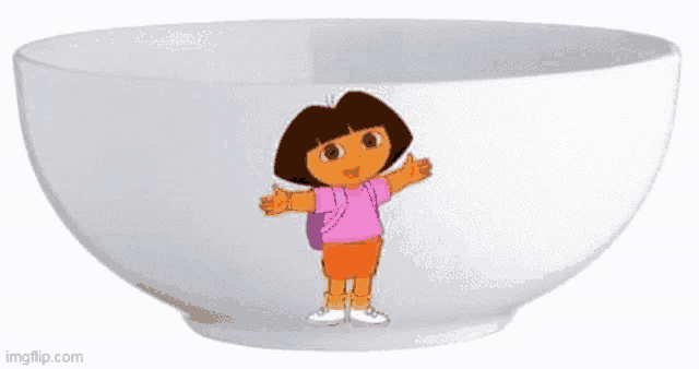 dora the explorer is standing in a white bowl .